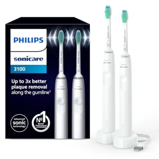 Philips Sonicare 3100 elektrische tandenborstel, sonische tandenborstel, druksensor en timer, wit, dubbelverpakking, model HX3675/13